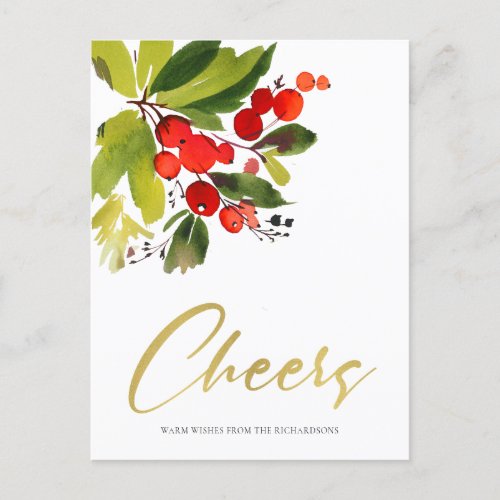 GREEN RED BERRIES WATERCOLOR CHRISTMAS CHEERS HOLIDAY POSTCARD