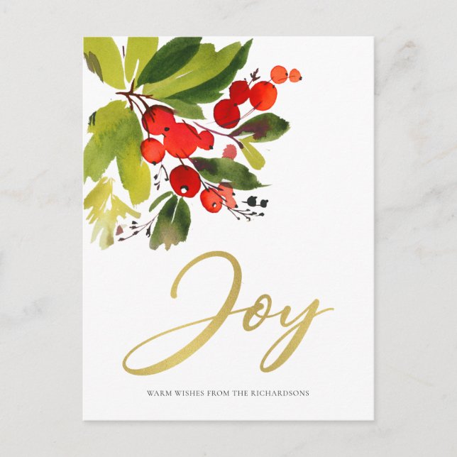 GREEN RED BERRIES WATERCOLOR CHRISTMAS JOY HOLIDAY POSTCARD (Front)