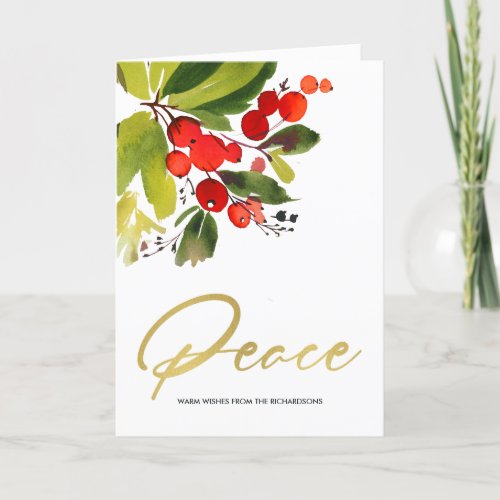 GREEN RED BERRIES WATERCOLOR CHRISTMAS PEACE CARD