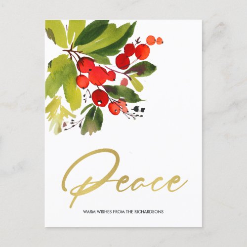GREEN RED BERRIES WATERCOLOR CHRISTMAS PEACE HOLIDAY POSTCARD