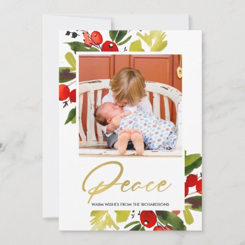GREEN RED BERRIES WATERCOLOR CHRISTMAS PEACE PHOTO HOLIDAY CARD