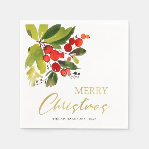GREEN RED BERRIES WATERCOLOR MERRY CHRISTMAS NAPKINS
