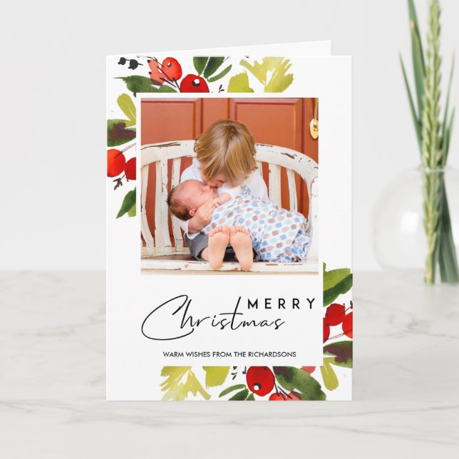 GREEN RED BERRIES WATERCOLOR MERRY CHRISTMAS PHOTO CARD (Front)