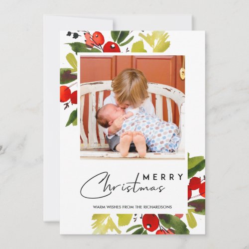 GREEN RED BERRIES WATERCOLOR MERRY CHRISTMAS PHOTO HOLIDAY CARD
