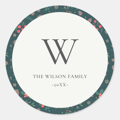 Green Red Berry Christmas Floral Pattern Monogram Classic Round Sticker