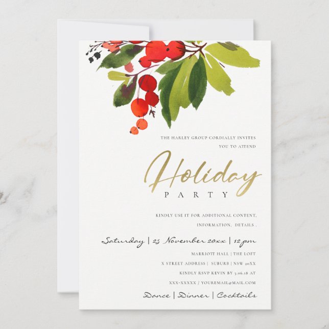 GREEN RED BERRY CORPORATE HOLIDAY CHRISTMAS PARTY INVITATION (Front)