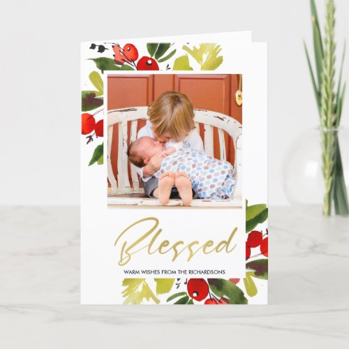 GREEN RED BERRY WATERCOLOR CHRISTMAS BLESSED PHOTO CARD
