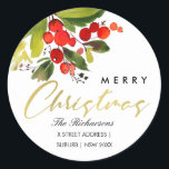 GREEN RED BERRY WATERCOLOR MERRY CHRISTMAS ADDRESS CLASSIC ROUND STICKER<br><div class="desc">UNIQUE,  MODERN,  CONTEMPORARY,  TRENDY,  MINIMAL,  BOLD,  BRIGHT,  FUN,  CHEERFUL  range of products and coordinated collections. 
Hope you enjoy...  

For any further customisation or any other matching items,  please feel free to contact me at yellowfebstudio@gmail.com</div>