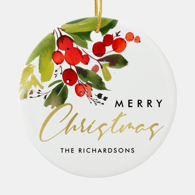 GREEN RED BERRY WATERCOLOR MERRY CHRISTMAS CERAMIC ORNAMENT (Front)