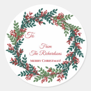 Green Red Berry Wreath Name Christmas Gift Classic Round Sticker