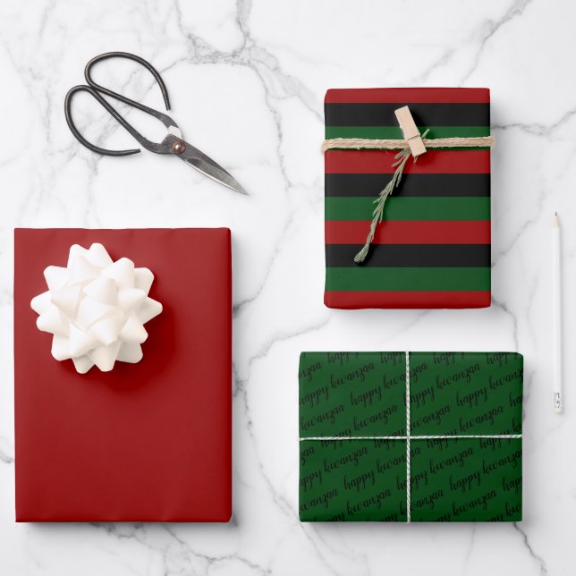 Green Red Black Happy Kwanzaa Pan African Wrapping Paper Sheets (Front)