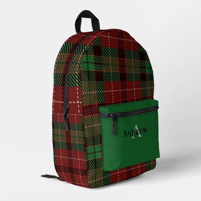 Green, Red, Black Personalized Plaid Printed Backpack (Back Corner Left)