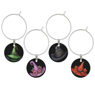 GREEN RED BLACK & PURPLE HALLOWEEN WITCHES HATS WINE CHARM