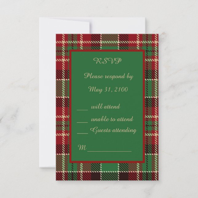 green red black scottish celtic tartan wedding RSVP card (Front)