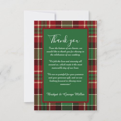 green red black scottish celtic tartan wedding thank you card