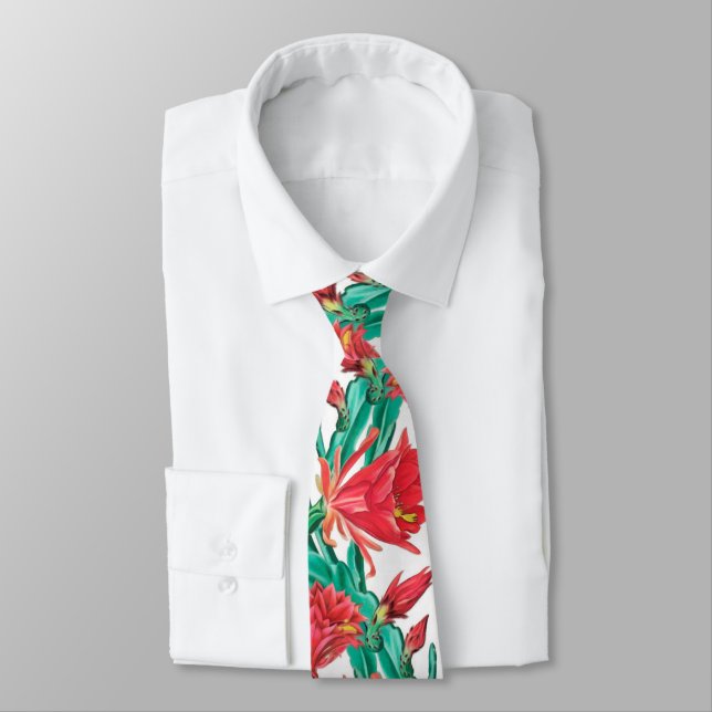 Green Red Blooming Cactus Pattern  Neck Tie (Tied)