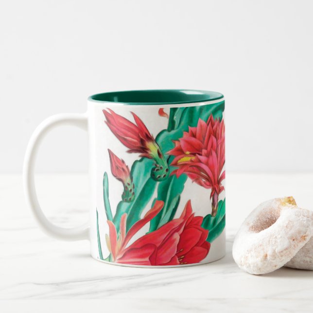 Green Red Blooming Cactus Pattern Two-Tone Coffee Mug (With Donut)
