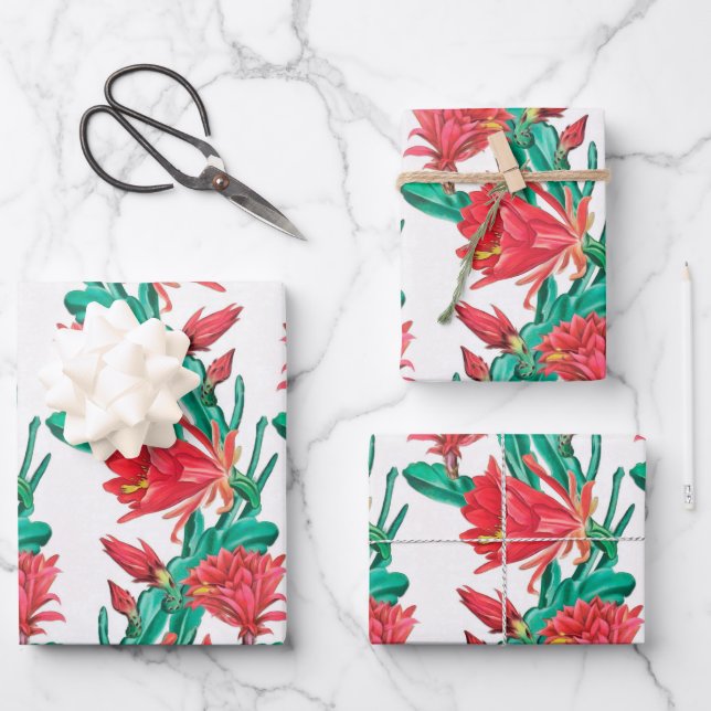 Green Red Blooming Cactus Pattern Wrapping Paper Sheets (Front)