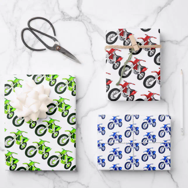 Green, Red, Blue Dirt Bike Motorcycle Wrapping Paper Sheets | Zazzle