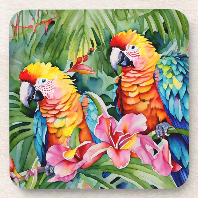Green, Red, Blue Parrots and Tropical Flowers Beverage Coaster (Front)