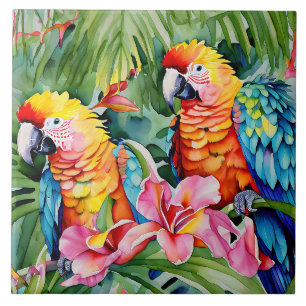 Green, Red, Blue Parrots and Tropical Flowers Ceramic Tile