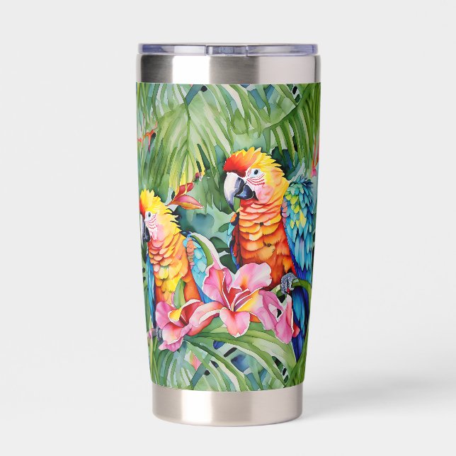 Green, Red, Blue Parrots and Tropical Flowers Insulated Tumbler (Back)