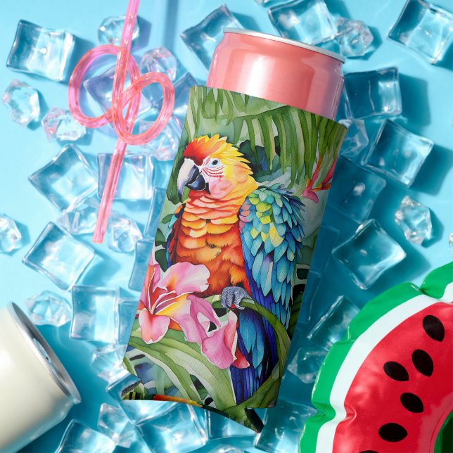 Green, Red, Blue Parrots and Tropical Flowers Seltzer Can Cooler (In Situ Summer)