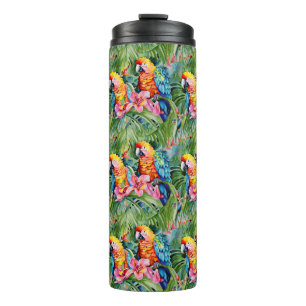 Green, Red, Blue Parrots and Tropical Flowers Thermal Tumbler