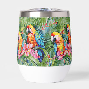 Green, Red, Blue Parrots and Tropical Flowers Thermal Wine Tumbler