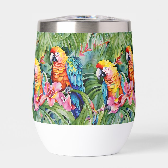 Green, Red, Blue Parrots and Tropical Flowers Thermal Wine Tumbler (Front)