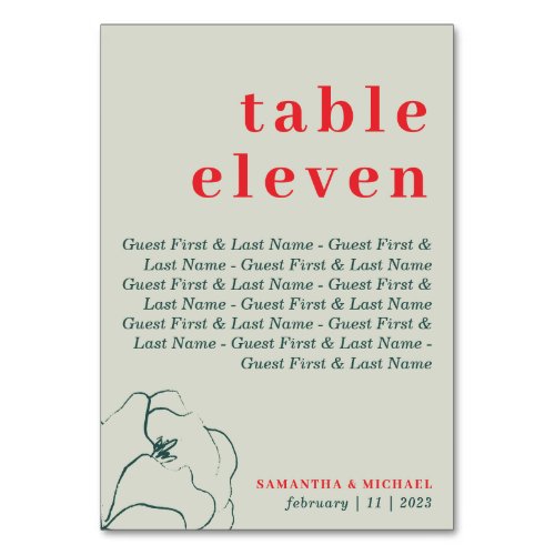 Green Red Boho Botanical Floral Guest Name Seating Table Number