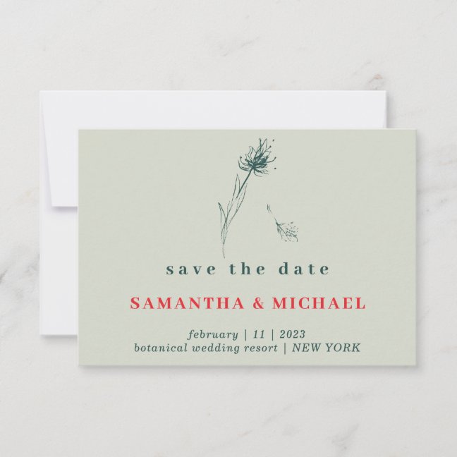 Green Red Boho Indie Dandelion Flower Save date Invitation