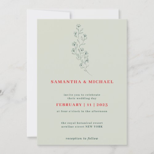 Green Red Boho Indie Rustic Botanical tiny flower Invitation