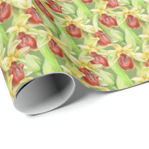 Green red botanica orchid watercolor art wrap wrapping paper