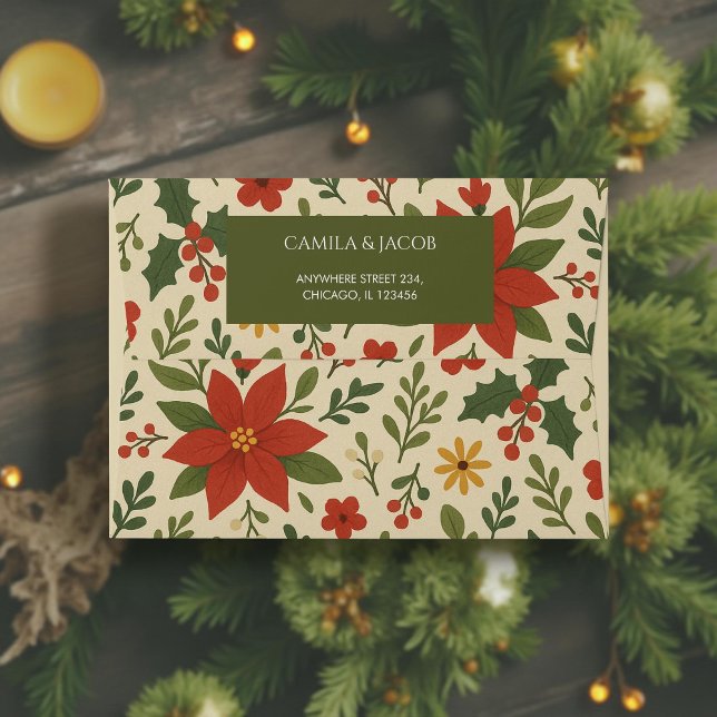 Green Red Botanical Holiday Pretty Elegant Floral  Envelope (Creator Uploaded)