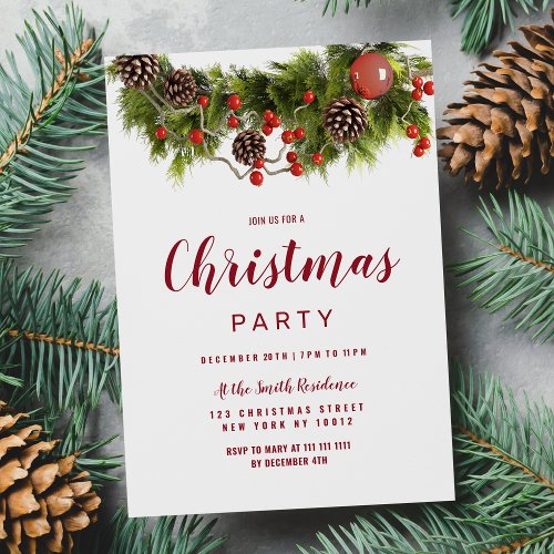 Green red brown Christmas berries floral wreath Invitation