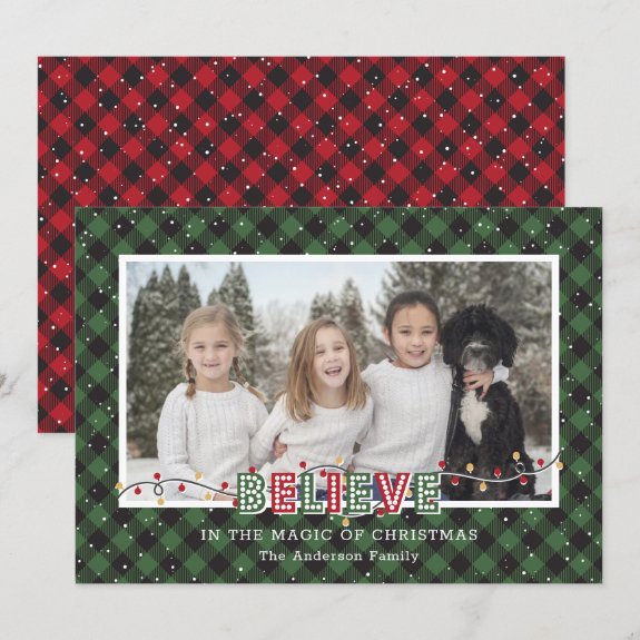 Green Red Buffalo Plaid Snow Believe Photo Christmas Card