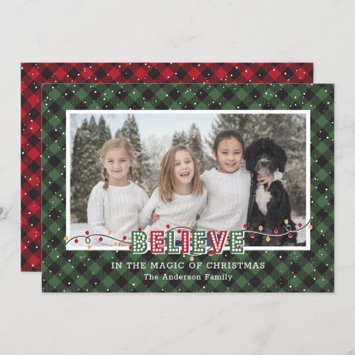 Green Red Buffalo Plaid Snow Believe Photo Holiday Card