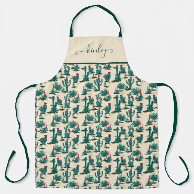 Green & Red Cactus Pattern Apron (Front)