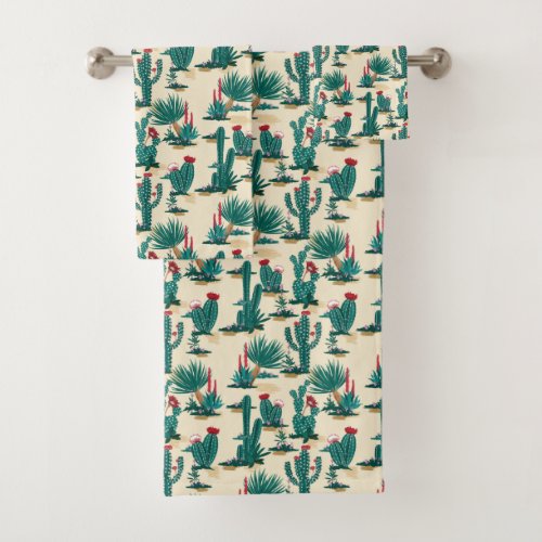 Green  Red Cactus Pattern Bath Towel Set