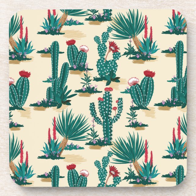 Green & Red Cactus Pattern Beverage Coaster (Front)