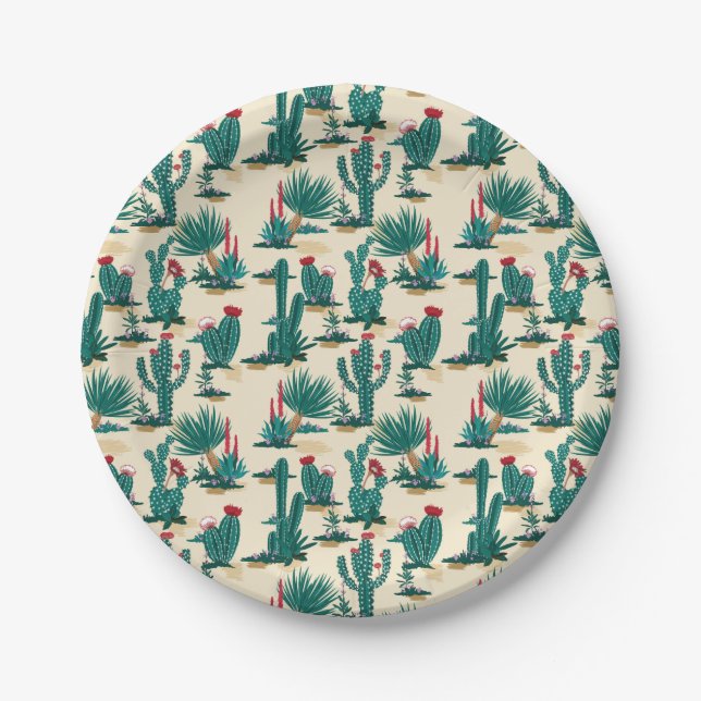 Green & Red Cactus Pattern Paper Plates (Front)