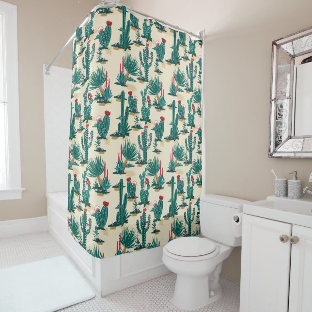 Green & Red Cactus Pattern Shower Curtain (In Situ)
