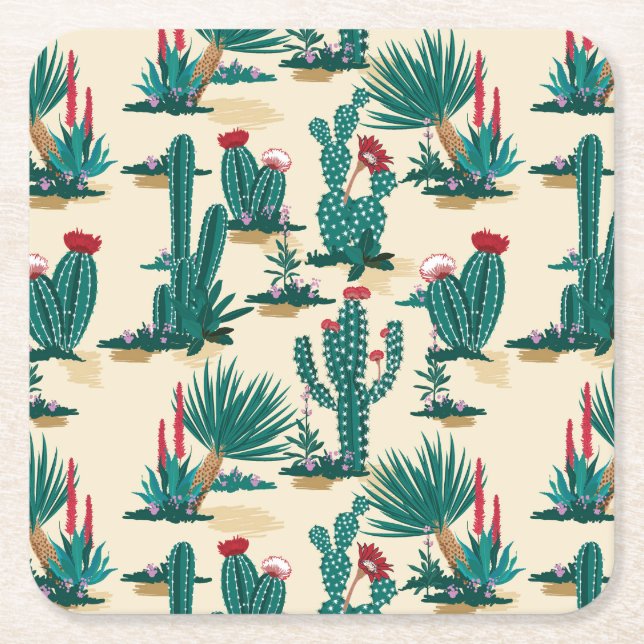 Green & Red Cactus Pattern Square Paper Coaster (Front)