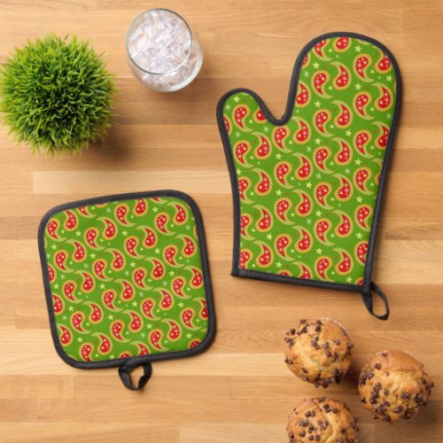 Green red celestial stars paisley Christmas Oven Mitt & Pot Holder Set