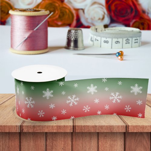 Green  Red Christmas Gradient with Snowflakes Satin Ribbon