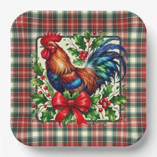 Green Red Christmas Rooster  Paper Plates (Front)