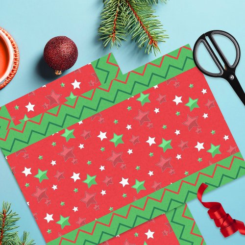 Green Red Christmas Shiny Stars And Zigzag Stripes Tissue Paper