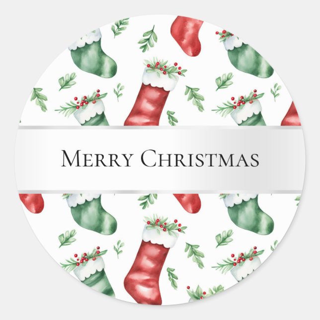 Green Red Christmas Stockings Classic Round Sticker (Front)