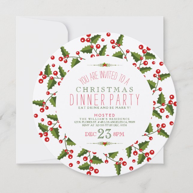 Green & Red Christmas Wreath Dinner Invitation (Front)